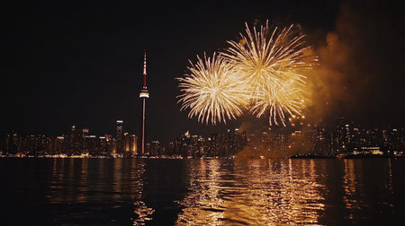 A stunning display of vibrant fireworks lighting up the night sky over the city skyline, reflecting beautifully on the water's surface, creating a magical atmosphere.の素材