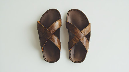 A pair of brown leather cross-strap sandals arranged on a light background. Perfect for summer outings, travel, or casual wear, blending comfort and style.の素材
