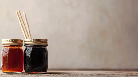 Two jars containing honey and syrup sit on a rustic wooden surface, accompanied by wooden dippers. Perfect for culinary displays or food photography.の素材