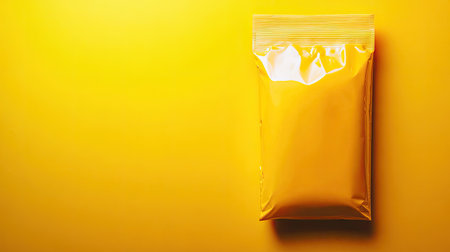 A bright yellow packaging sits against a vibrant yellow background, showcasing a modern and minimalistic design ideal for product marketing and advertising.の素材