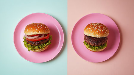 A stunning visual of a juicy hamburger on vibrant plates showcasing fresh ingredients, invitingly arranged for a delightful food experience.の素材