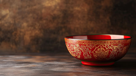 An elegant red bowl featuring intricate gold dragon designs, beautifully placed on a textured surface. This image captures the essence of traditional craftsmanship.の素材