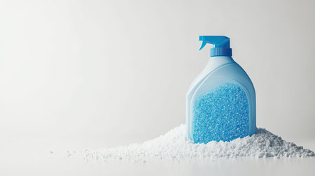 A blue spray bottle filled with cleaning solution sits atop white granules, creating a striking contrast. Ideal for household cleaning and hygiene themes.の素材