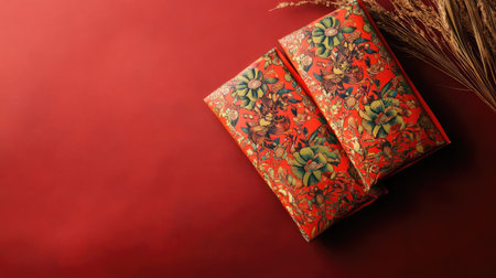 This image features beautifully designed gift wrap with a vibrant floral pattern on a rich red background, perfect for any celebration or special occasion.の素材
