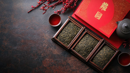 Discover an elegant presentation of loose leaf tea showcasing vibrant colors and traditional accessories, ideal for relaxation and gourmet enjoyment.の素材