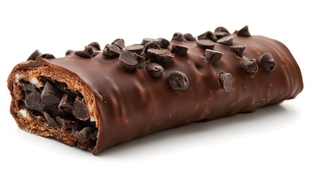A delicious chocolate covered cake roll featuring rich chocolate chips and creamy filling, perfect for dessert lovers seeking a sweet treat.の素材