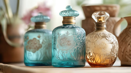 This image showcases a collection of vintage glass bottles featuring intricate floral patterns. The soft colors and elegant designs create a charming and decorative atmosphere.の素材