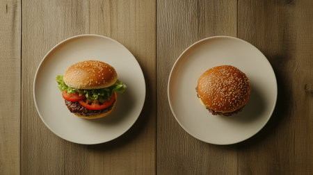 Two mouthwatering hamburgers on plates rest on a wooden table. One showcases vibrant toppings like lettuce and tomato, while the other remains simple yet inviting.の素材