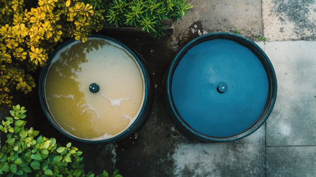 Aerial view of two large containers displaying different colored liquids, surrounded by vibrant greenery, creating a striking contrast in this tranquil garden scene.の素材