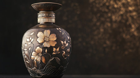 An elegant antique vase featuring a detailed floral design. The stunning craftsmanship shines against a dark background, creating a beautiful focal point.の素材