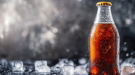 A chilled glass bottle filled with a dark beverage rests on ice, emphasizing refreshment and thirst quenching. The condensation highlights the coolness.の素材