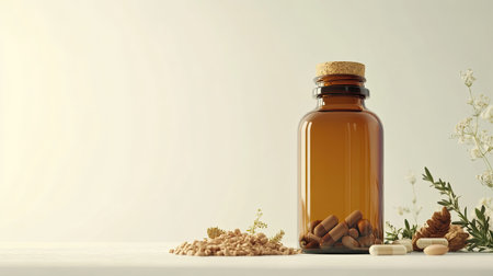 This image showcases a brown glass bottle filled with capsules, surrounded by natural elements like herbs and plants, reflecting a focus on health and wellness.の素材