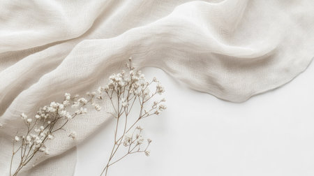 A soft beige fabric drapes elegantly beside delicate white flowers, creating a serene and aesthetic composition perfect for decorative and artistic themes.の素材