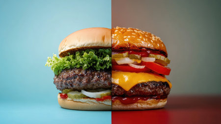 A striking image showcasing two distinct burgers on contrasting backgrounds. One features fresh lettuce and condiments, while the other has melted cheese and classic toppings, perfect for food enthusiasts.の素材