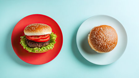 Two colorful plates showcase a freshly prepared burger with lettuce, tomato, and sesame bun, emphasizing food styling and modern dining aesthetics.の素材