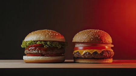 A captivating image showcasing a juicy cheeseburger and a classic hamburger on a wooden table. Perfect for food-related projects and advertisements.の素材