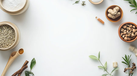 Explore a beautiful arrangement of natural ingredients including herbs and spices for cooking and healing. Perfect for culinary enthusiasts and food lovers.の素材