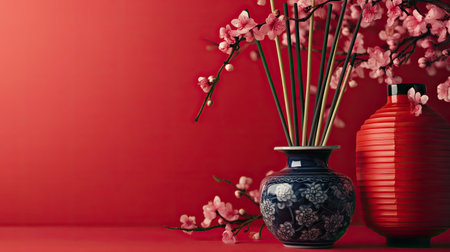 This captivating floral arrangement features delicate cherry blossoms in a traditional blue ceramic vase against a vibrant red background, perfect for home decor inspiration.の素材