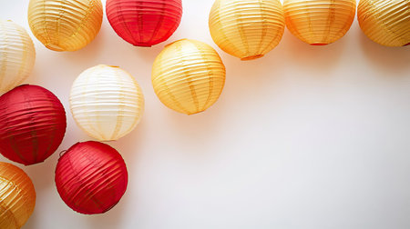 A vibrant arrangement of colorful paper lanterns in red, white, and gold. Perfect for festive celebrations, parties, or cultural events, these lanterns add a cheerful atmosphere to any setting.の素材