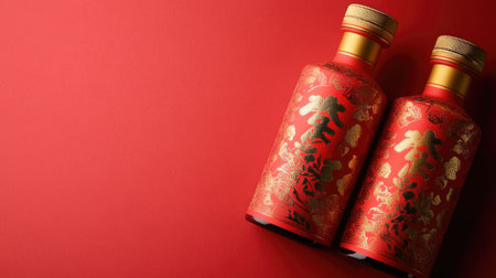This image showcases two elegant red bottles adorned with intricate gold designs against a vibrant red background, perfect for festive themes and promotions.の素材