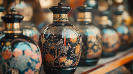 A beautiful collection of vintage bottles featuring intricate floral designs. Each piece showcases exquisite craftsmanship, adding elegance to any decor.の素材