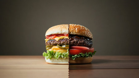 This image features a mouthwatering burger divided in half, showcasing fresh ingredients like lettuce, tomato, and melted cheese, perfect for food lovers.の素材
