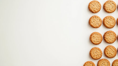 A neat arrangement of freshly baked cookies on a light surface, showcasing their golden brown color and inviting texture, perfect for dessert lovers.の素材