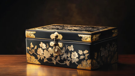 This elegant black decorative box features intricate gold floral designs, showcasing exquisite craftsmanship. It serves as a unique piece for storage or decoration.の素材