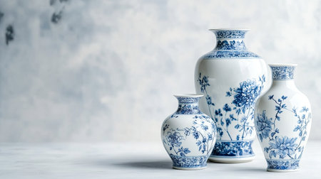 A collection of elegant blue and white porcelain vases showcasing intricate floral designs, perfect for home decoration or artistic display on a light background.の素材