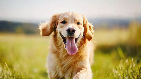 A joyful golden retriever runs through a sunny field, showcasing its playful spirit. The dog exudes happiness and freedom in a natural outdoor setting.の素材