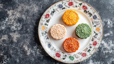 A vibrant assortment of four mooncakes on a beautiful decorative plate, perfect for festive celebrations and cultural events, showcasing traditional artistry and flavors.の素材