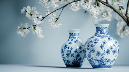 Beautiful blue and white vases elegantly displayed with a blossoming cherry branch. Perfect for a serene home interior or artistic decoration.の素材