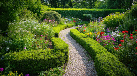A serene garden scene featuring a winding stone path surrounded by vibrant flowers and lush greenery, inviting viewers to enjoy nature's beauty.の素材