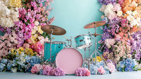A vibrant and artistic setup featuring a drum set surrounded by a lush floral backdrop, ideal for music events, photo shoots, and creative projects.の素材