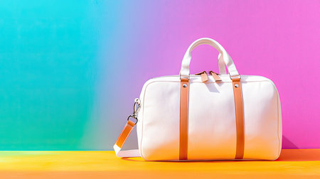 This image showcases a stylish white handbag with brown accents, set against an eye-catching gradient background, perfect for fashion and lifestyle concepts.の素材