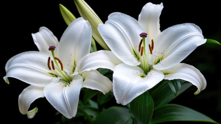 Stunning close-up of elegant white lilies showcasing their delicate petals and vibrant green leaves against a dark background. Perfect for nature lovers.の素材