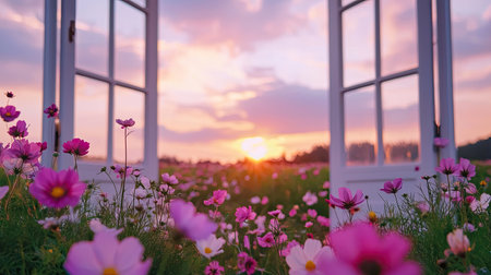A stunning view of a flower field adorned with blooming pink cosmos, framed by open white windows during a vibrant sunset, showcasing nature's beauty.の素材