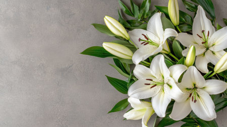 This stunning image showcases an elegant arrangement of white lilies surrounded by fresh green leaves on a soft gray background, perfect for floral design inspiration.の素材