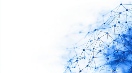 This artwork showcases an abstract network of connected nodes and lines in vibrant blue tones, illustrating modern technology and data connectivity.の素材