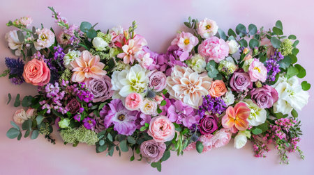 This stunning floral arrangement features an exquisite collection of blooms in soft shades of pink, purple, and white, ideal for various decorative purposes.の素材