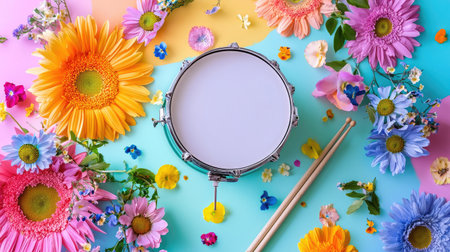 A stunning flatlay featuring a colorful drum surrounded by vibrant flowers on a pastel background. Perfect for artistic and creative projects, this image captures joy and harmony.の素材