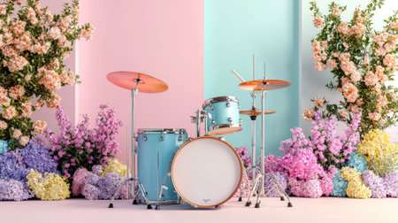 A stunning drum set in pastel shades of blue and pink is elegantly framed by beautiful flowers, creating a vibrant and artistic atmosphere perfect for music themes.の素材