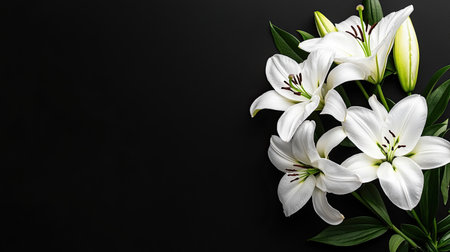 A stunning arrangement of white lilies with green leaves set against a dark background, perfect for elegant floral designs or home decor inspirations.の素材