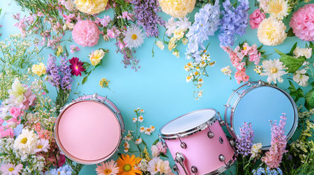 A charming display featuring two pastel drums surrounded by a vibrant array of flowers on a bright blue background, ideal for artistic and creative projects.の素材