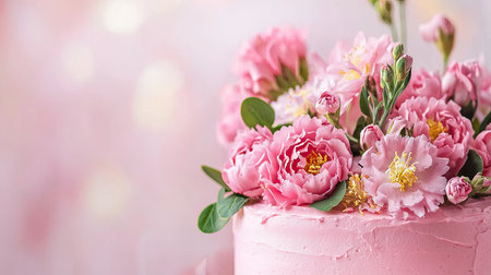 A stunning pink cake adorned with fresh peonies and roses creates a perfect centerpiece for celebrations. Ideal for birthdays, weddings, and special events.の素材