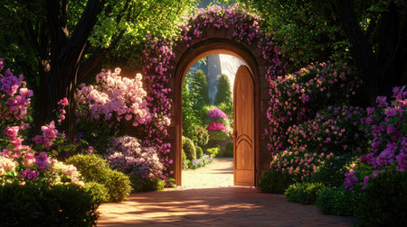 A picturesque garden pathway adorned with vibrant flowers leads to a charming wooden doorway, creating a serene and inviting atmosphere.の素材