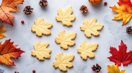 Top view of maple leaf-shaped cookies arranged on a clean surface with fall-themed decorations aroundの素材