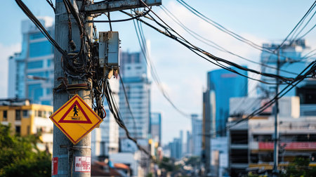 Zoomed-in view of an electric pole with warning signs and cables, set against an urban skyline with copy space above.の素材