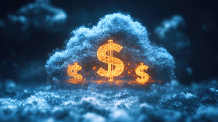 A captivating digital illustration of a cloud with glowing dollar signs, symbolizing wealth and financial opportunities in the digital age. Perfect for finance themes.の素材