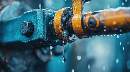 A close-up image of a metal pipe showcasing water droplets on its surface, set in an industrial environment. The scene highlights moisture and detail.の素材